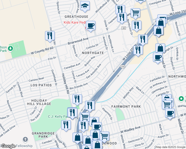 map of restaurants, bars, coffee shops, grocery stores, and more near 5107 San Antonio Avenue in Midland
