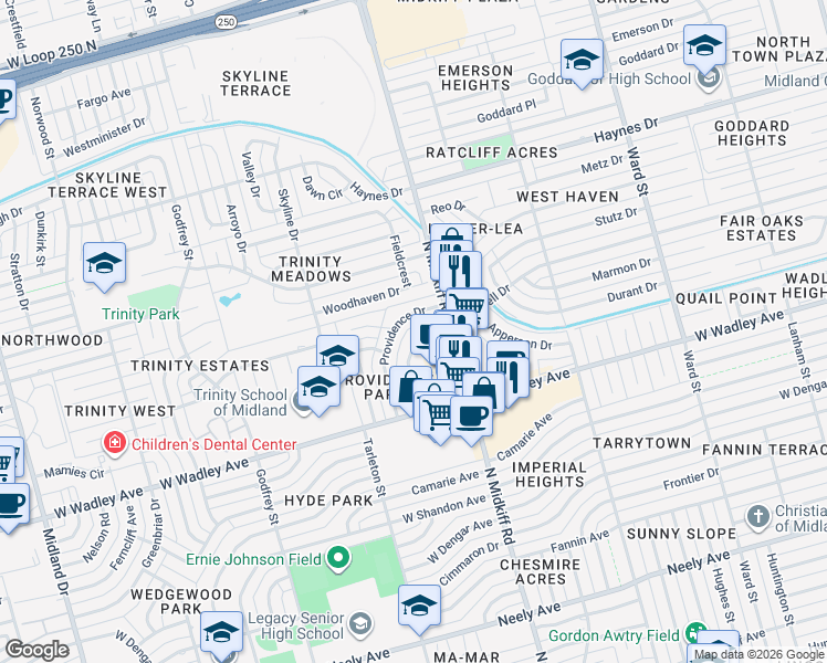 map of restaurants, bars, coffee shops, grocery stores, and more near 3315 Providence Drive in Midland