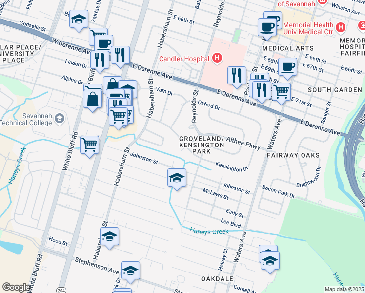 map of restaurants, bars, coffee shops, grocery stores, and more near 253 Kensington Drive in Savannah