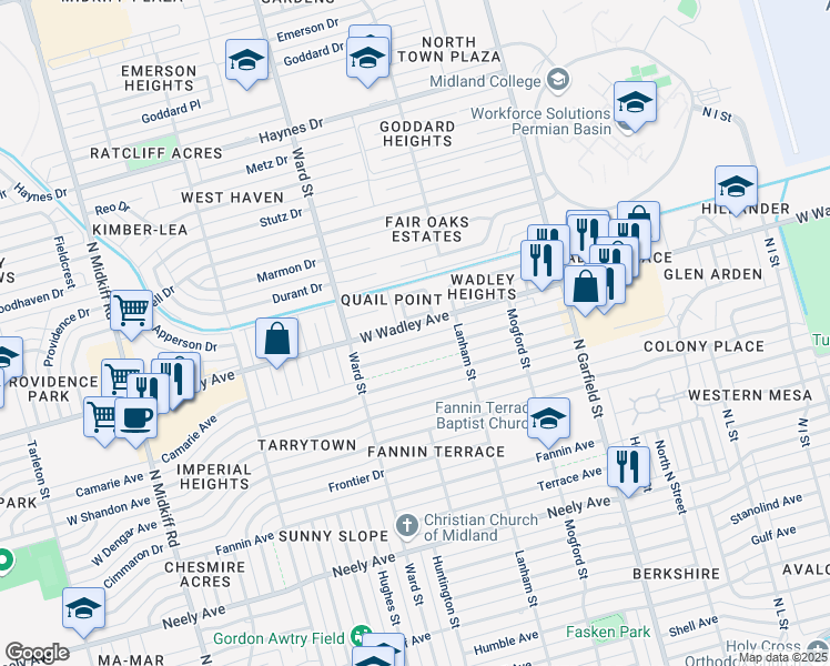 map of restaurants, bars, coffee shops, grocery stores, and more near 2521 West Wadley Avenue in Midland