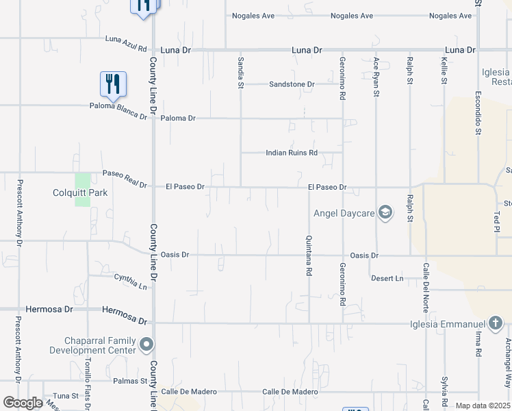 map of restaurants, bars, coffee shops, grocery stores, and more near 757 El Paseo Drive in Chaparral