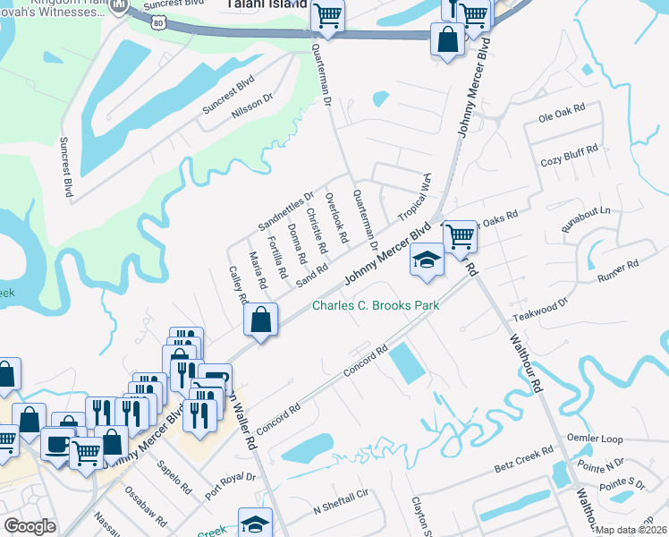 map of restaurants, bars, coffee shops, grocery stores, and more near 6913 Sand Road in Savannah