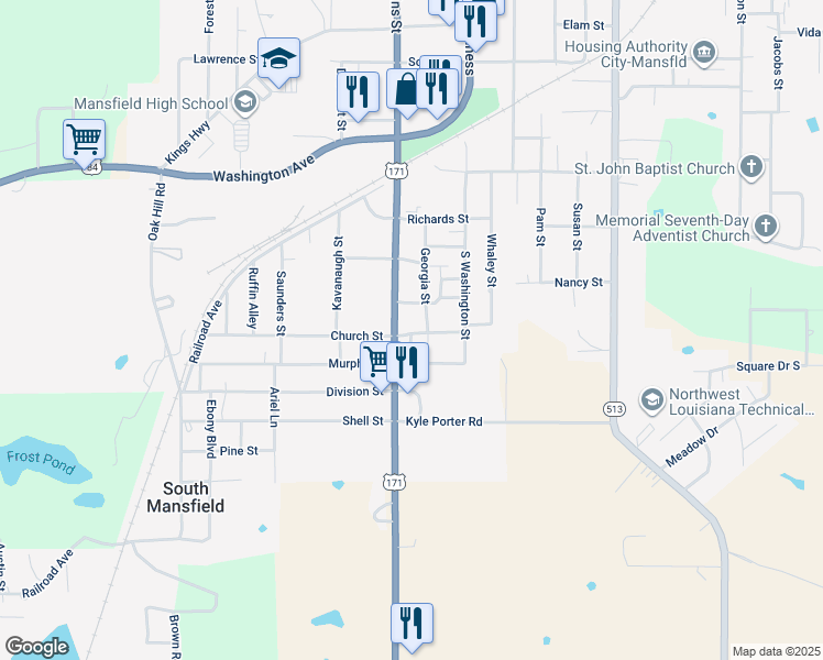 map of restaurants, bars, coffee shops, grocery stores, and more near 1208 Georgia Street in Mansfield