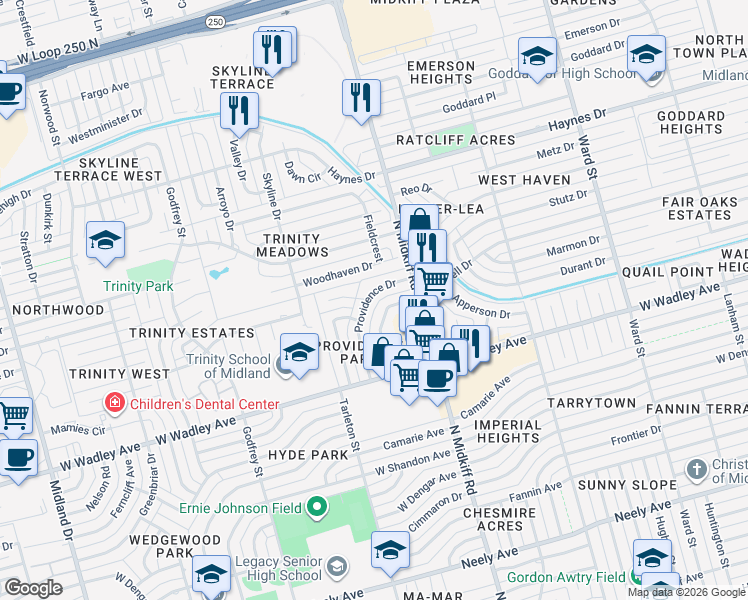 map of restaurants, bars, coffee shops, grocery stores, and more near 3315 Providence Drive in Midland
