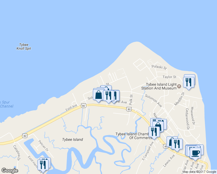 map of restaurants, bars, coffee shops, grocery stores, and more near 1110 Bay Street in Tybee Island