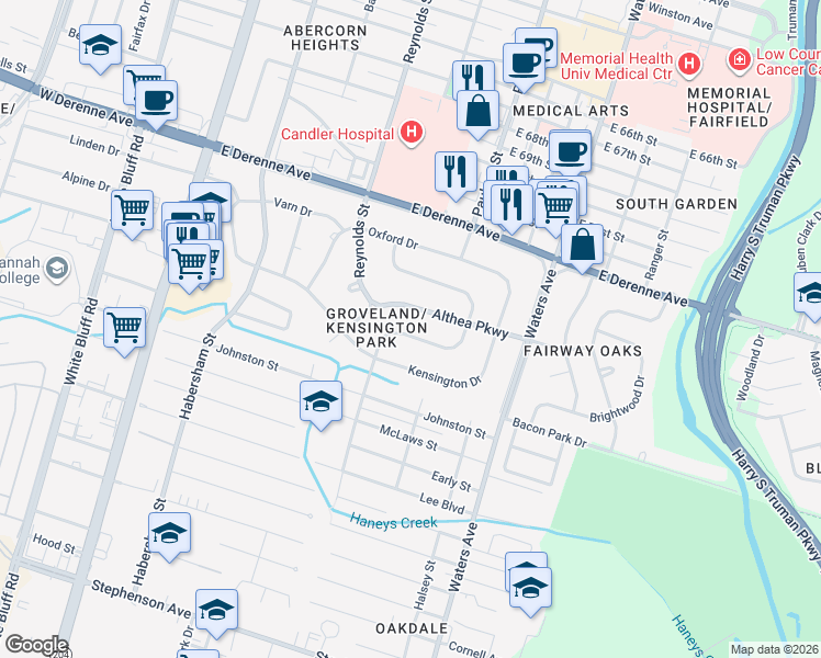 map of restaurants, bars, coffee shops, grocery stores, and more near 227 Andover Drive in Savannah