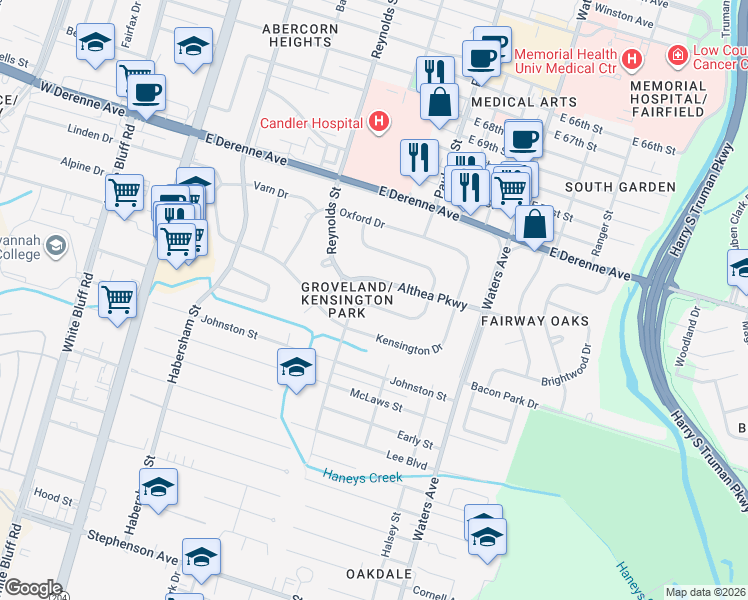 map of restaurants, bars, coffee shops, grocery stores, and more near 227 Andover Drive in Savannah