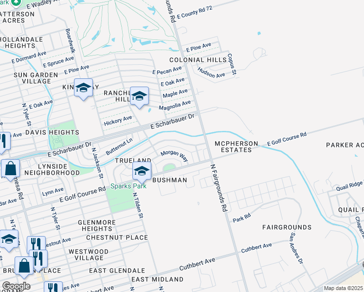 map of restaurants, bars, coffee shops, grocery stores, and more near 1926 English Drive in Midland