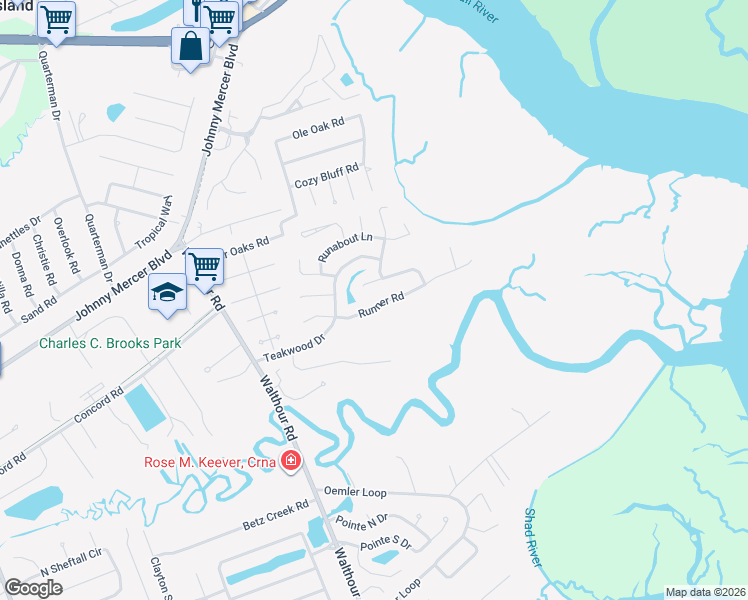 map of restaurants, bars, coffee shops, grocery stores, and more near 116 Runner Road in Savannah