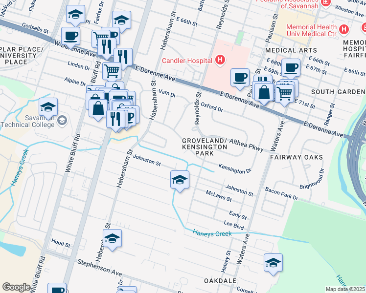 map of restaurants, bars, coffee shops, grocery stores, and more near 253 Kensington Drive in Savannah