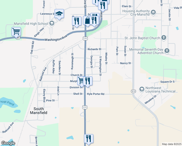 map of restaurants, bars, coffee shops, grocery stores, and more near 1208 Georgia Street in Mansfield
