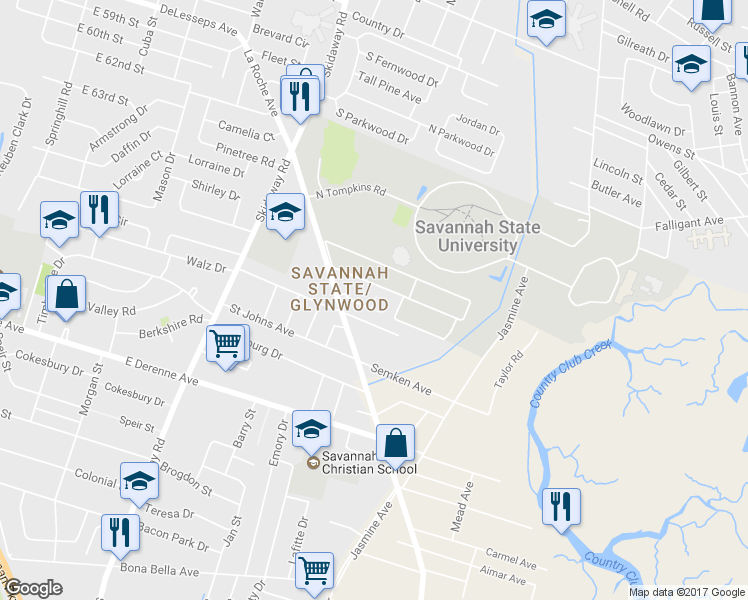 map of restaurants, bars, coffee shops, grocery stores, and more near 2226 Glynnwood Drive in Savannah