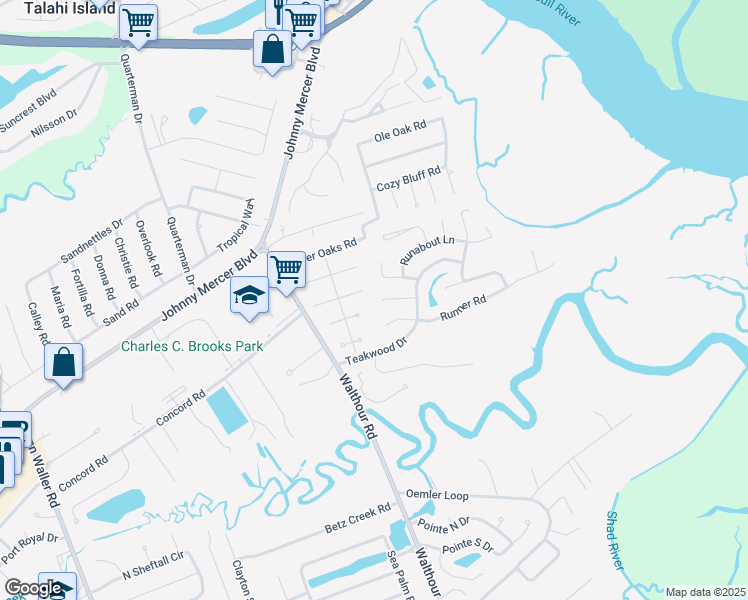 map of restaurants, bars, coffee shops, grocery stores, and more near 11 Rigger Court in Savannah