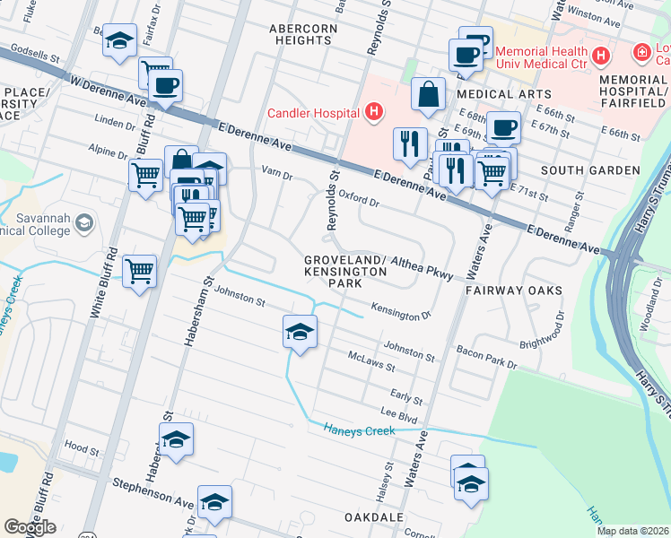 map of restaurants, bars, coffee shops, grocery stores, and more near in Savannah