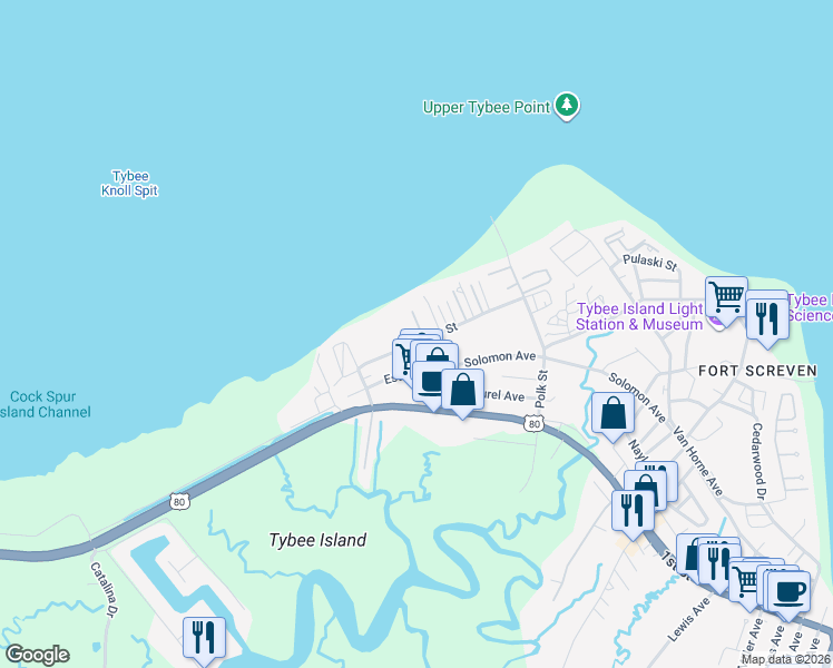 map of restaurants, bars, coffee shops, grocery stores, and more near 1209 Bay Street in Tybee Island