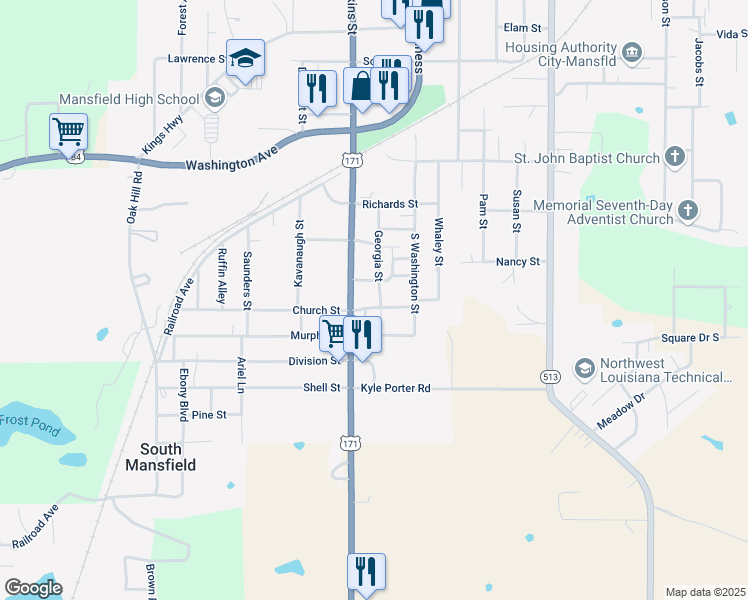 map of restaurants, bars, coffee shops, grocery stores, and more near 1208 Georgia Street in Mansfield