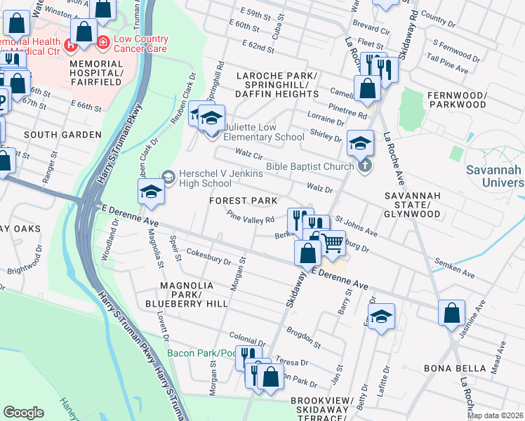 map of restaurants, bars, coffee shops, grocery stores, and more near 130 Pine Valley Road in Savannah