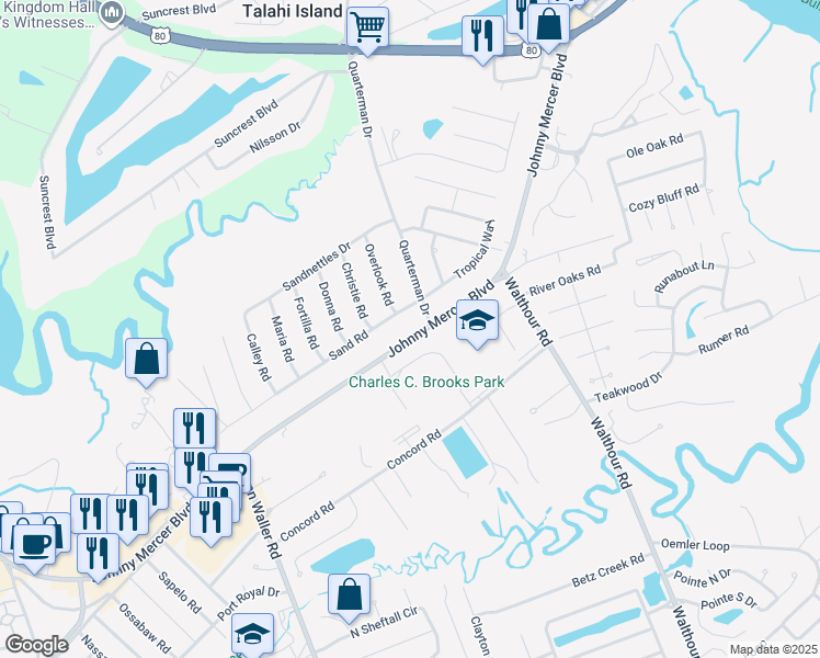 map of restaurants, bars, coffee shops, grocery stores, and more near 7020 Johnny Mercer Boulevard in Savannah