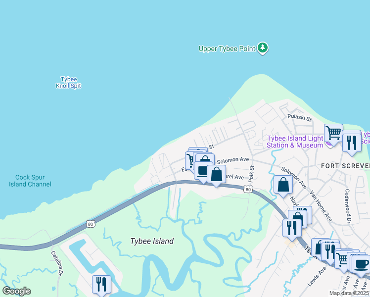 map of restaurants, bars, coffee shops, grocery stores, and more near in Tybee Island