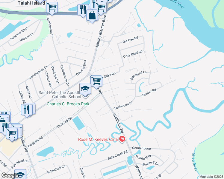 map of restaurants, bars, coffee shops, grocery stores, and more near 8 Cat Boat Pl in Savannah