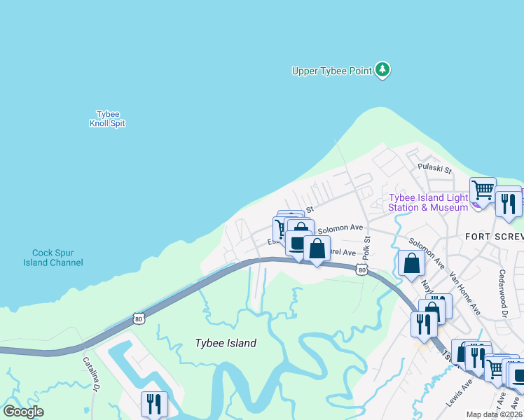 map of restaurants, bars, coffee shops, grocery stores, and more near 1217 Bay Street in Tybee Island