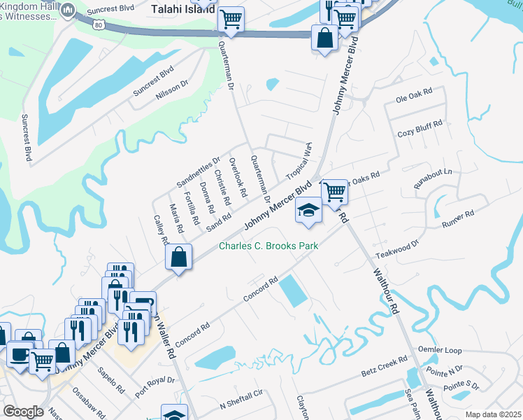 map of restaurants, bars, coffee shops, grocery stores, and more near 7020 Johnny Mercer Boulevard in Savannah