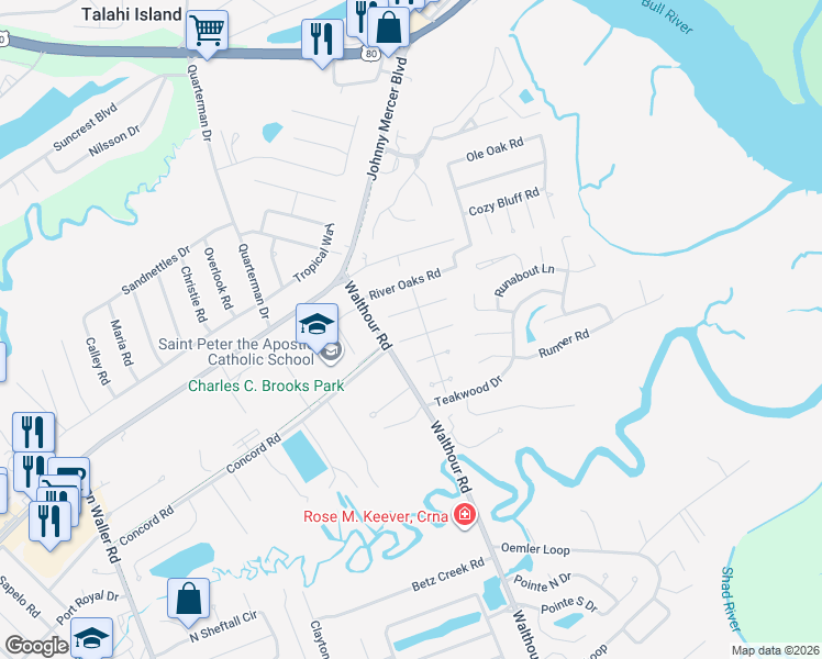 map of restaurants, bars, coffee shops, grocery stores, and more near 8 Cat Boat Place in Savannah