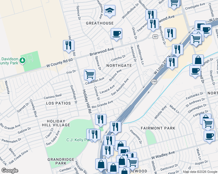 map of restaurants, bars, coffee shops, grocery stores, and more near 5115 Lavaca Avenue in Midland