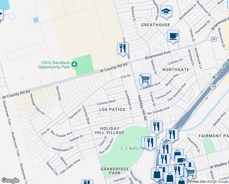 map of restaurants, bars, coffee shops, grocery stores, and more near 5517 Casa Grande Trail in Midland