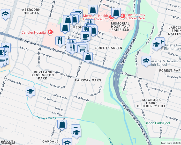 map of restaurants, bars, coffee shops, grocery stores, and more near 1331 Brightwood Drive in Savannah