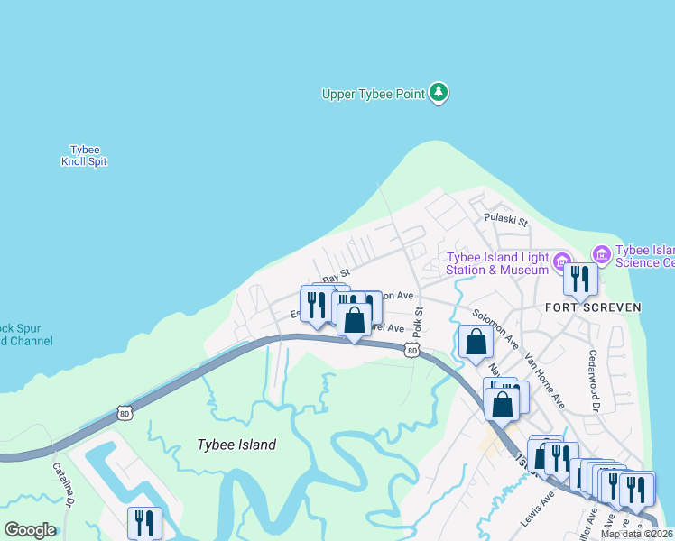 map of restaurants, bars, coffee shops, grocery stores, and more near 1110 Bay Street in Tybee Island