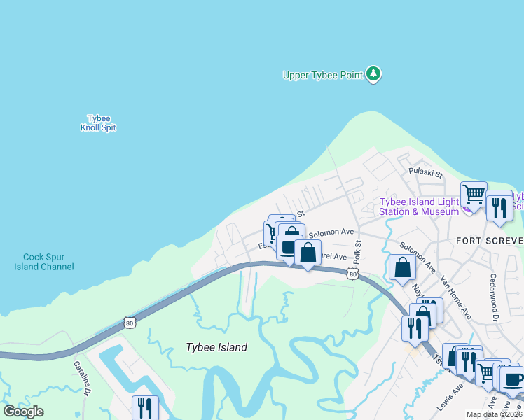 map of restaurants, bars, coffee shops, grocery stores, and more near 1217 Bay Street in Tybee Island