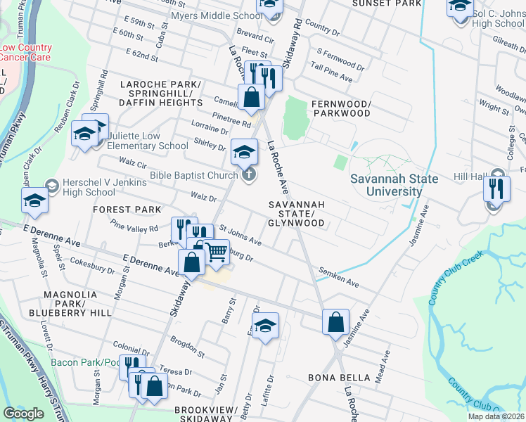 map of restaurants, bars, coffee shops, grocery stores, and more near 5007 Greenway Lane in Savannah