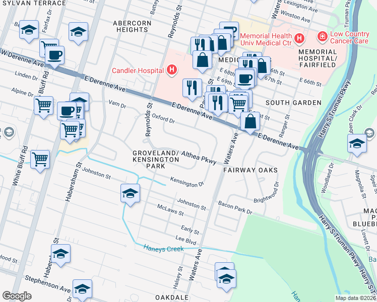 map of restaurants, bars, coffee shops, grocery stores, and more near 129 Andover Drive in Savannah