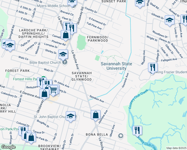 map of restaurants, bars, coffee shops, grocery stores, and more near 4750 La Roche Avenue in Savannah