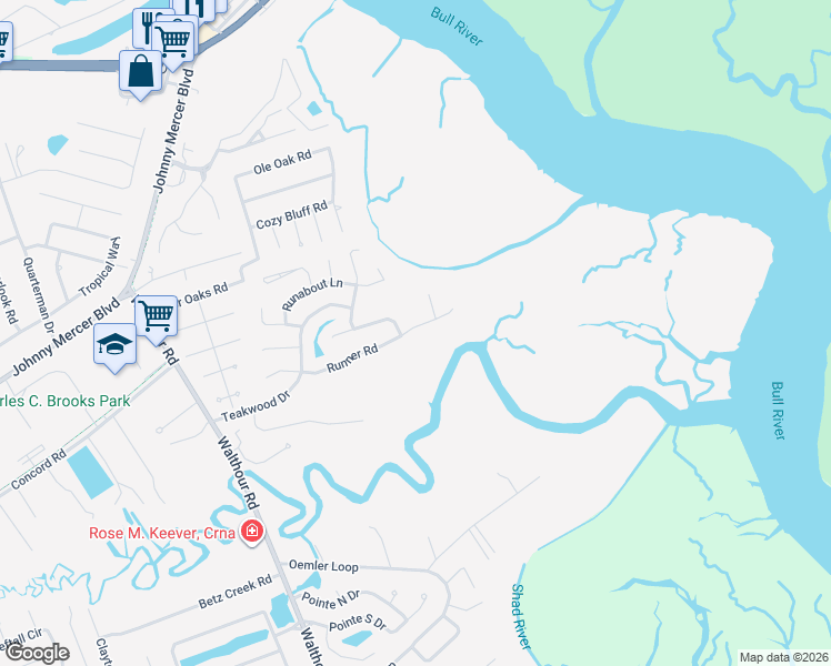 map of restaurants, bars, coffee shops, grocery stores, and more near 148 Runner Road in Savannah