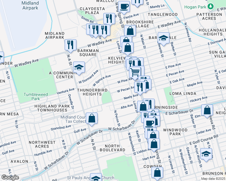 map of restaurants, bars, coffee shops, grocery stores, and more near 440 West Pine Avenue in Midland