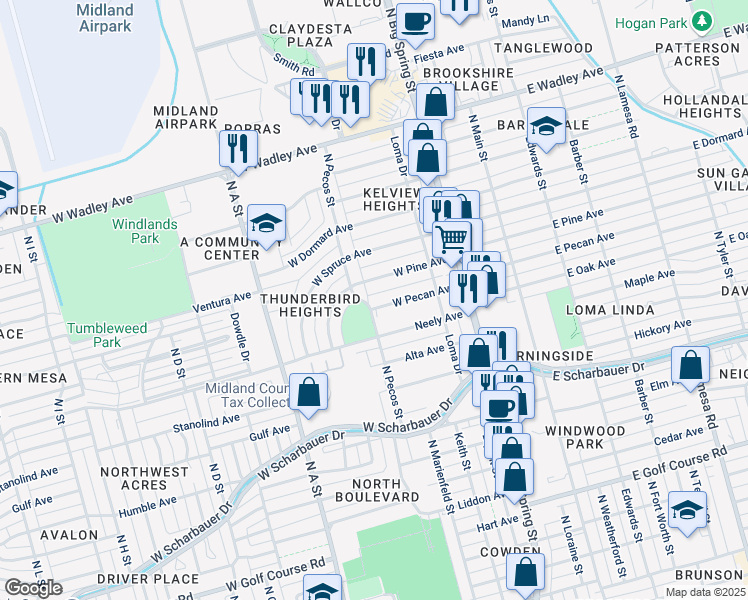 map of restaurants, bars, coffee shops, grocery stores, and more near 440 West Pine Avenue in Midland