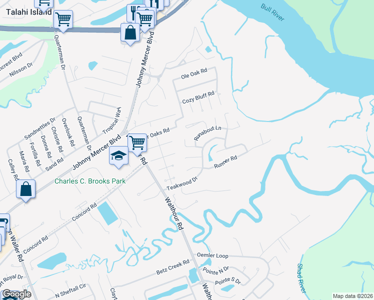 map of restaurants, bars, coffee shops, grocery stores, and more near 18 Barnacle Court in Savannah