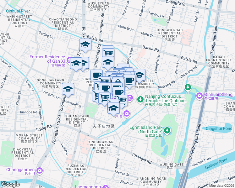 map of restaurants, bars, coffee shops, grocery stores, and more near 106 Jiankang Road in Nanjing Shi