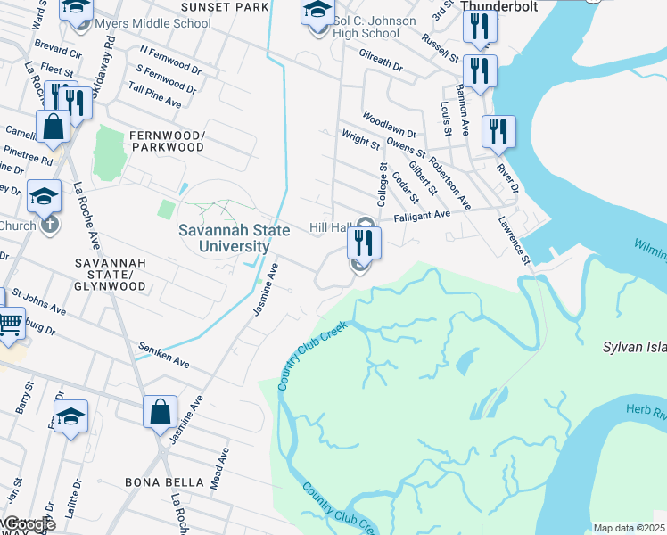 map of restaurants, bars, coffee shops, grocery stores, and more near 3219 College Street in Savannah