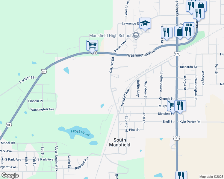 map of restaurants, bars, coffee shops, grocery stores, and more near 261 Oak Hill Road in South Mansfield