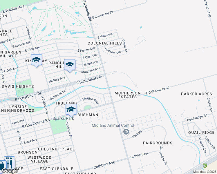 map of restaurants, bars, coffee shops, grocery stores, and more near 2204 North Fairgrounds Road in Midland