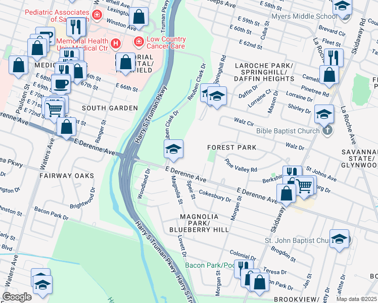 map of restaurants, bars, coffee shops, grocery stores, and more near 1800 East DeRenne Avenue in Savannah