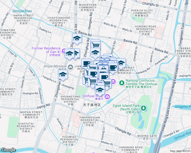 map of restaurants, bars, coffee shops, grocery stores, and more near 3 Jian Kang Lu in Nan Jing Shi