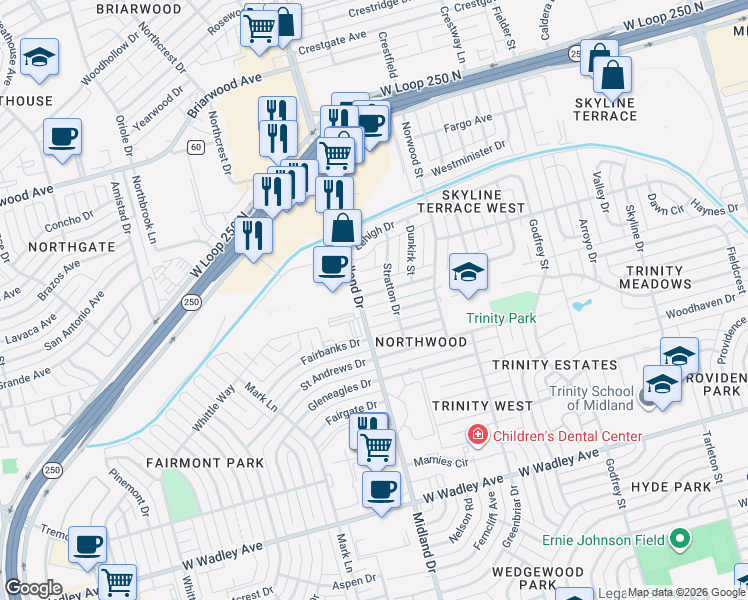 map of restaurants, bars, coffee shops, grocery stores, and more near 4301 Downing Avenue in Midland