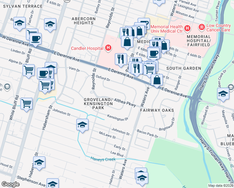 map of restaurants, bars, coffee shops, grocery stores, and more near 129 Andover Drive in Savannah
