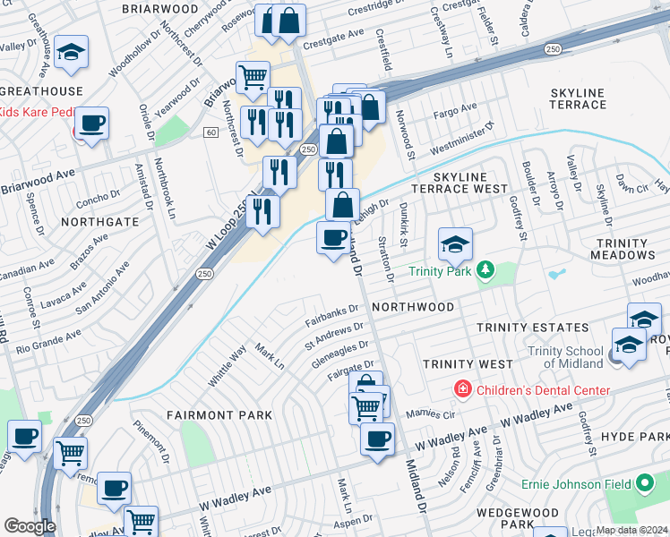 map of restaurants, bars, coffee shops, grocery stores, and more near 4001 Midland Drive in Midland