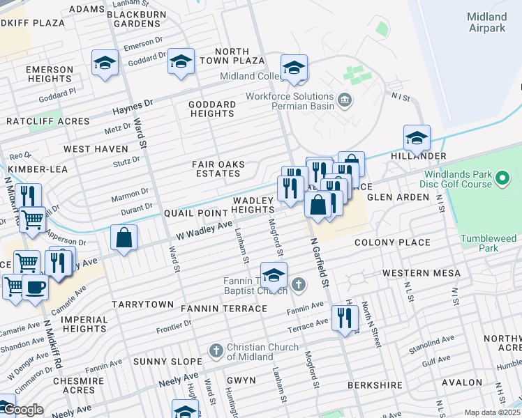 map of restaurants, bars, coffee shops, grocery stores, and more near 2410 West Wadley Avenue in Midland