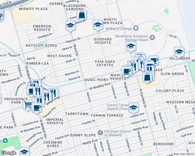 map of restaurants, bars, coffee shops, grocery stores, and more near 2520 Quail Point in Midland